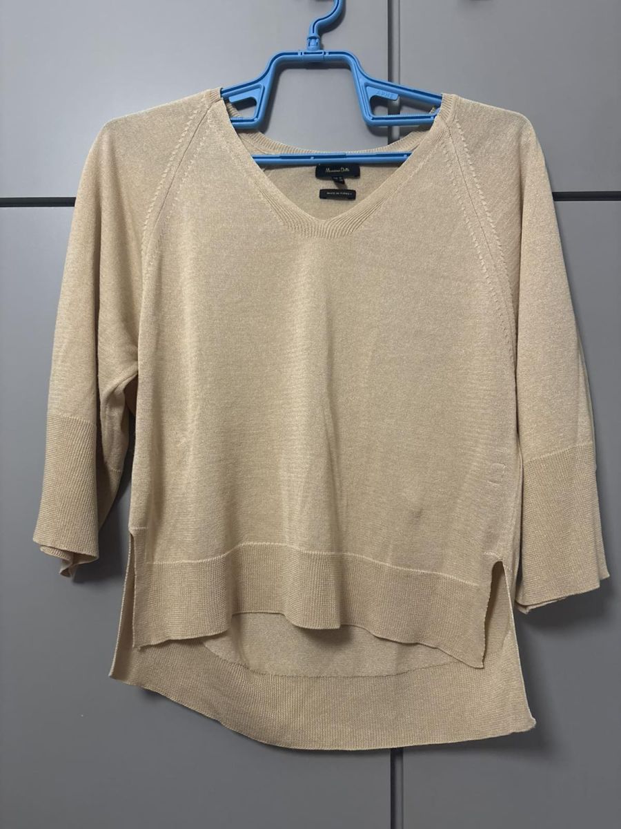 Μπεζ Λεπτό Πλεκτό Massimo Dutti με V Λαιμόκοψη (Extra Small)